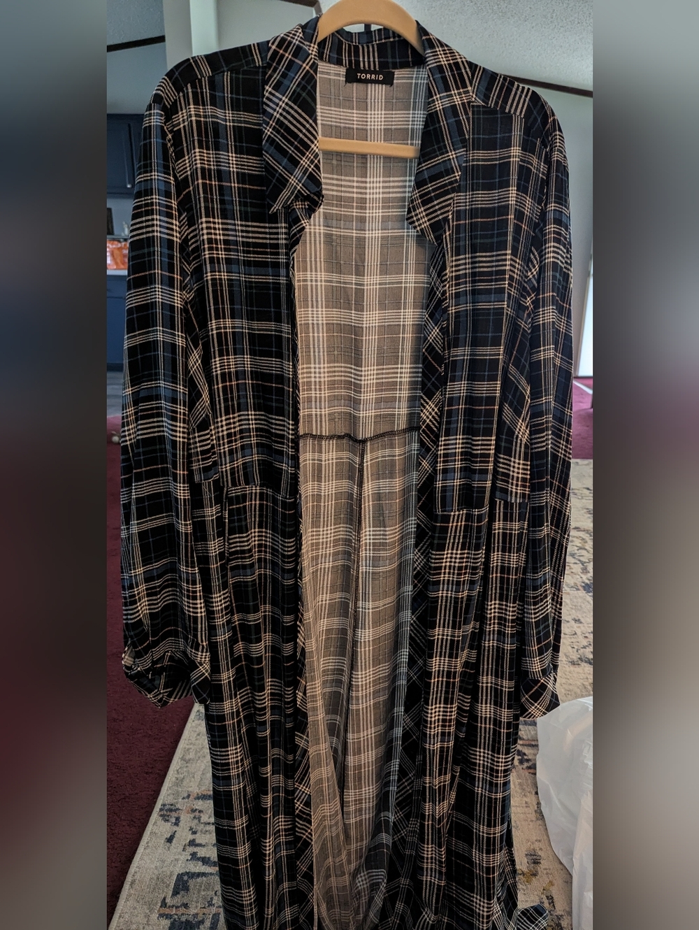 torrid Black and Cream Plaid Long Open Duster
